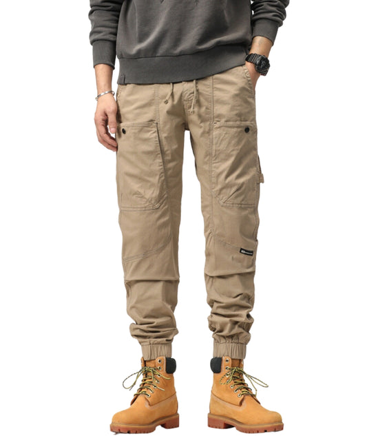 L'MONTE Imported Expandable Elastic Waist Slim Fit Khaki Cotton Cargo Joggers My Store