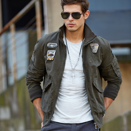 L'MONTE Men's Army Green USA Military-Style Biker Jacket My Store